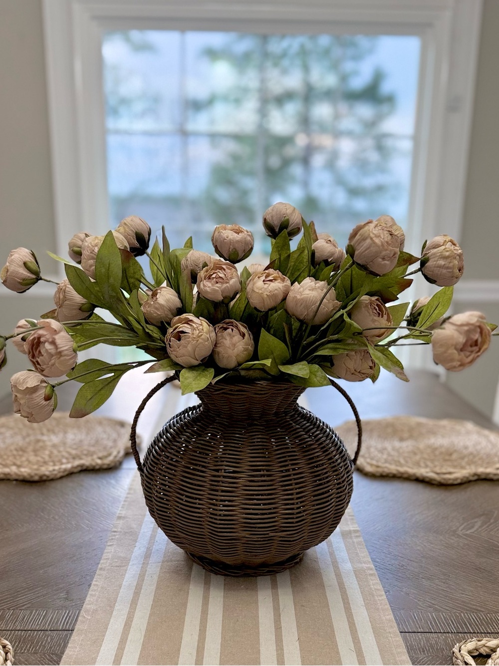 Viral Tan Peonies by Ashland Floral Arrangement in a Dark Brown Basket. - Picture 5 of 9